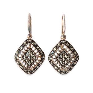 Marcasite Sterling Silver Drop Earrings Diamond Shape Kidney Wire Estate